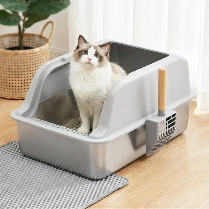 i.Pet Cat Litter Box Stainless Steel Large Semi-Enclosed Pet Kitty Toilet Grey - Image 8