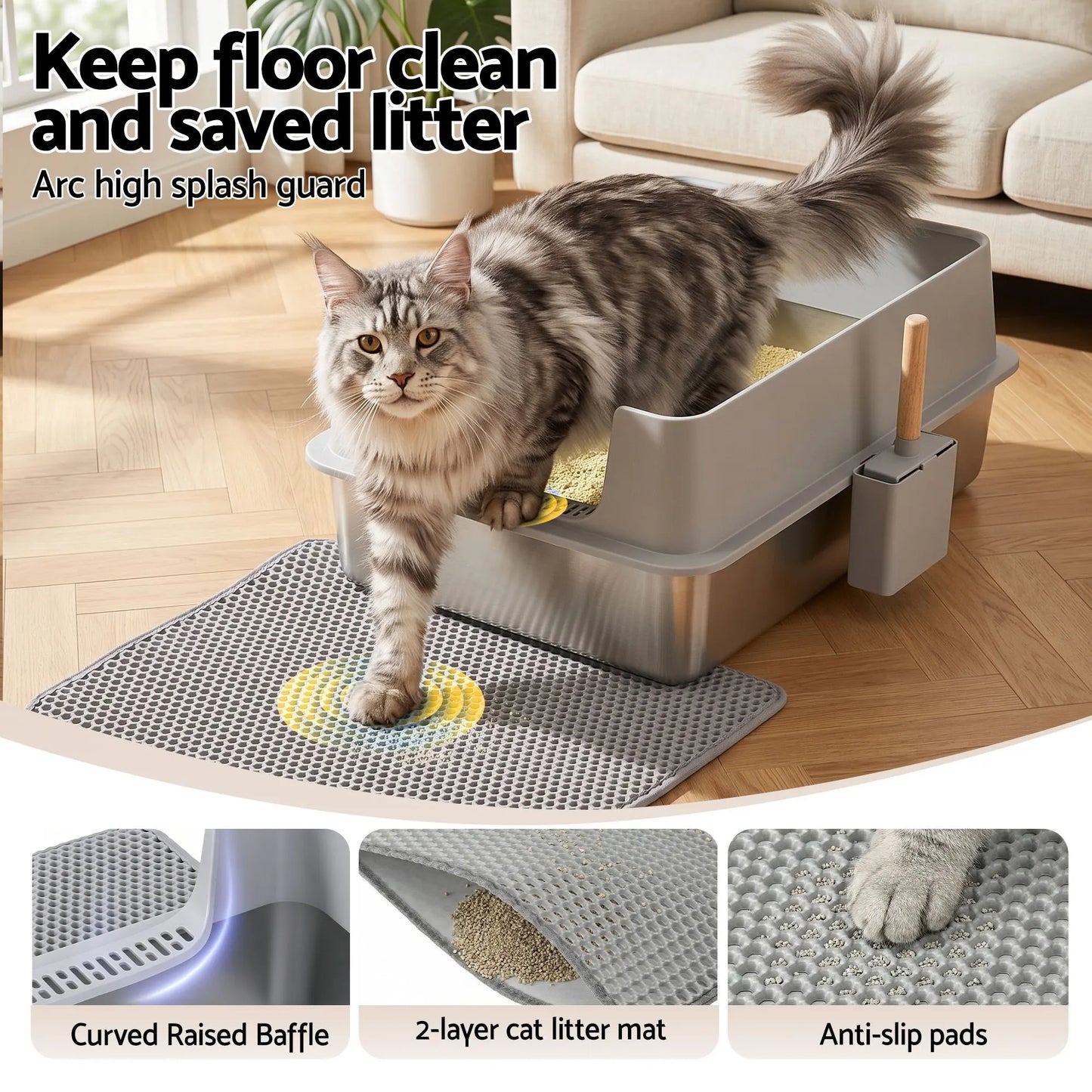 i.Pet XXL Cat Litter Box Stainless Steel Jumbo Semi-Enclosed Pet Kitty Toilet Grey - Image 6