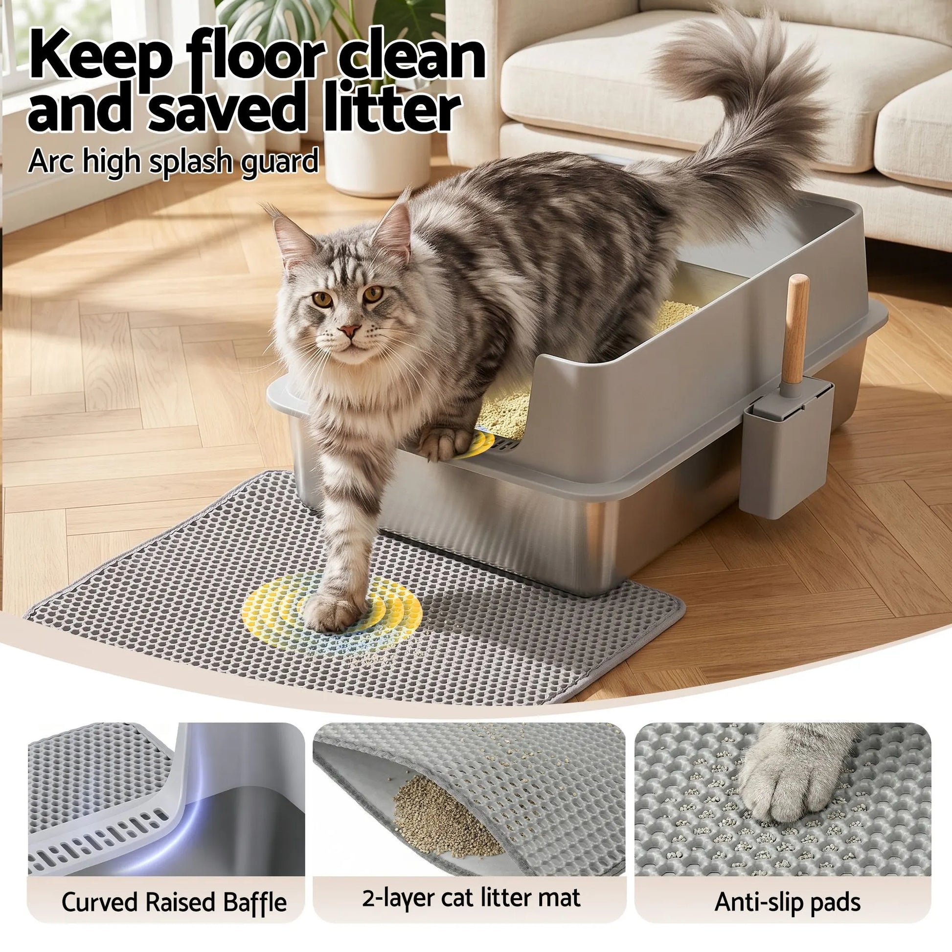 i.Pet XXL Cat Litter Box Stainless Steel Jumbo Semi-Enclosed Pet Kitty Toilet Grey - Image 6