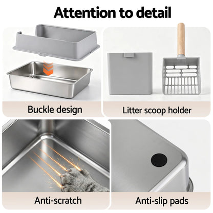 i.Pet XXL Cat Litter Box Stainless Steel Jumbo Semi-Enclosed Pet Kitty Toilet Grey - Image 8