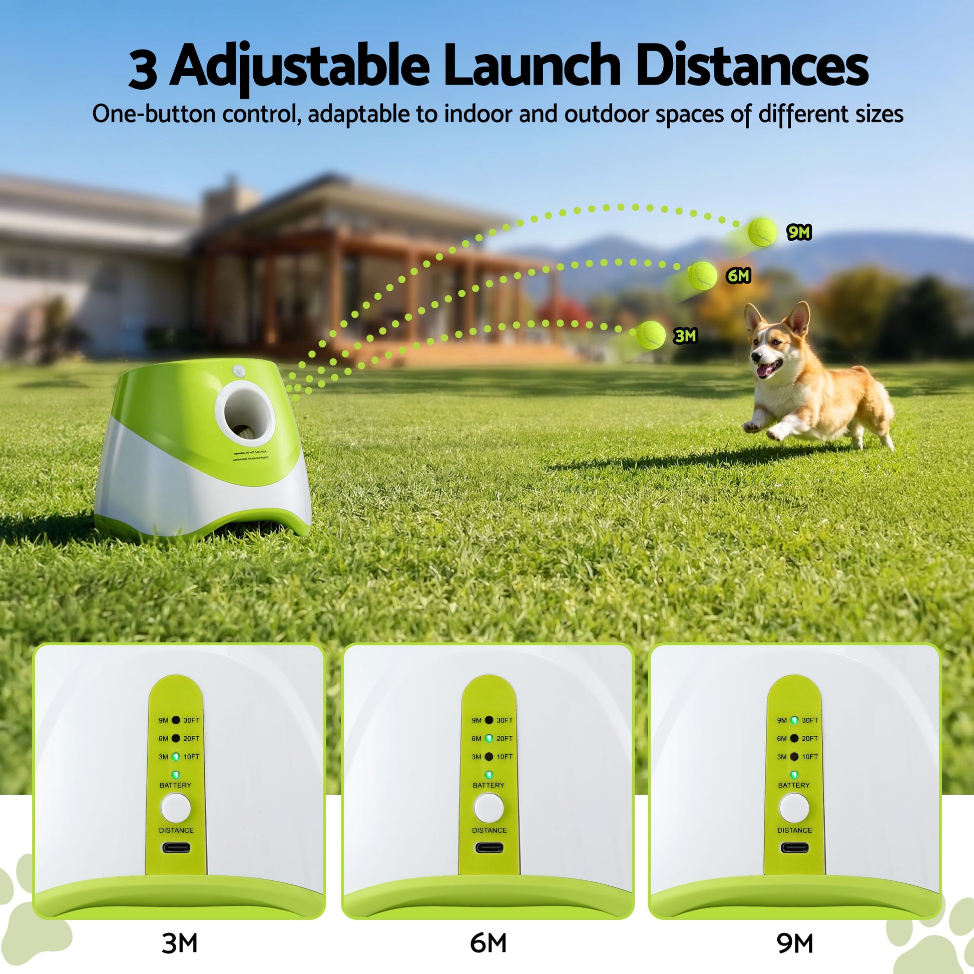 i.Pet Dog Ball Launcher Thrower with 6 Balls & 3/6/9m Launch Distances Green - Image 4