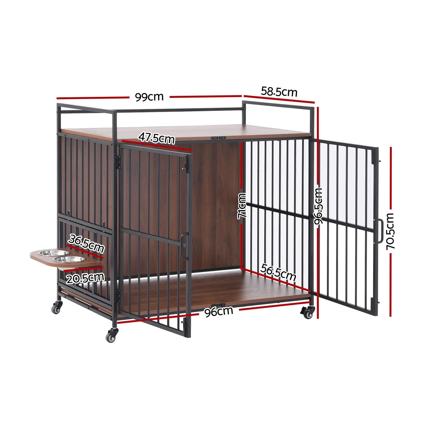 i.Pet 2-in-1 Wooden Dog Crate 99cm Pet Cage Furniture End Table Wheels Black - Image 2
