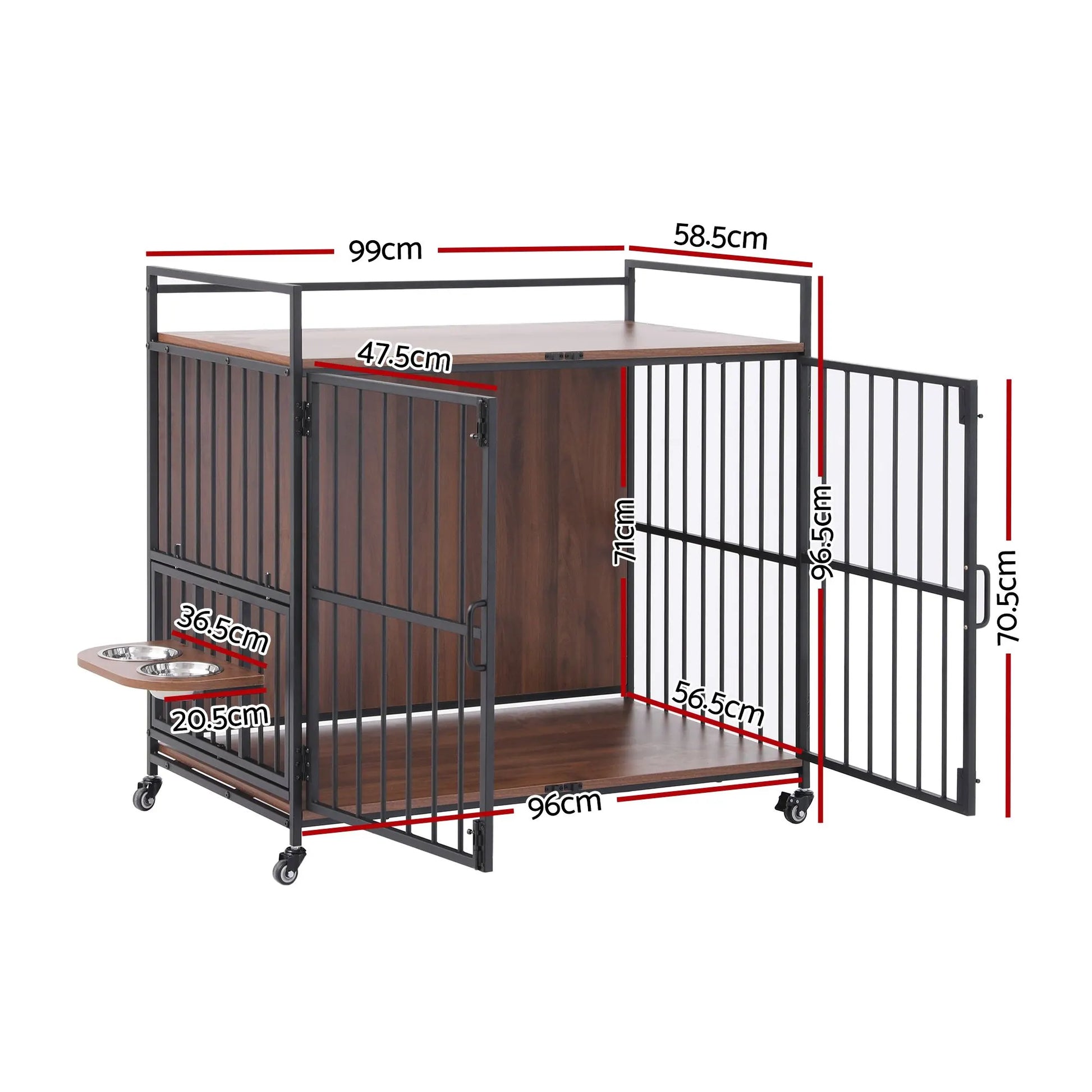 i.Pet 2-in-1 Wooden Dog Crate 99cm Pet Cage Furniture End Table Wheels Black - Image 2
