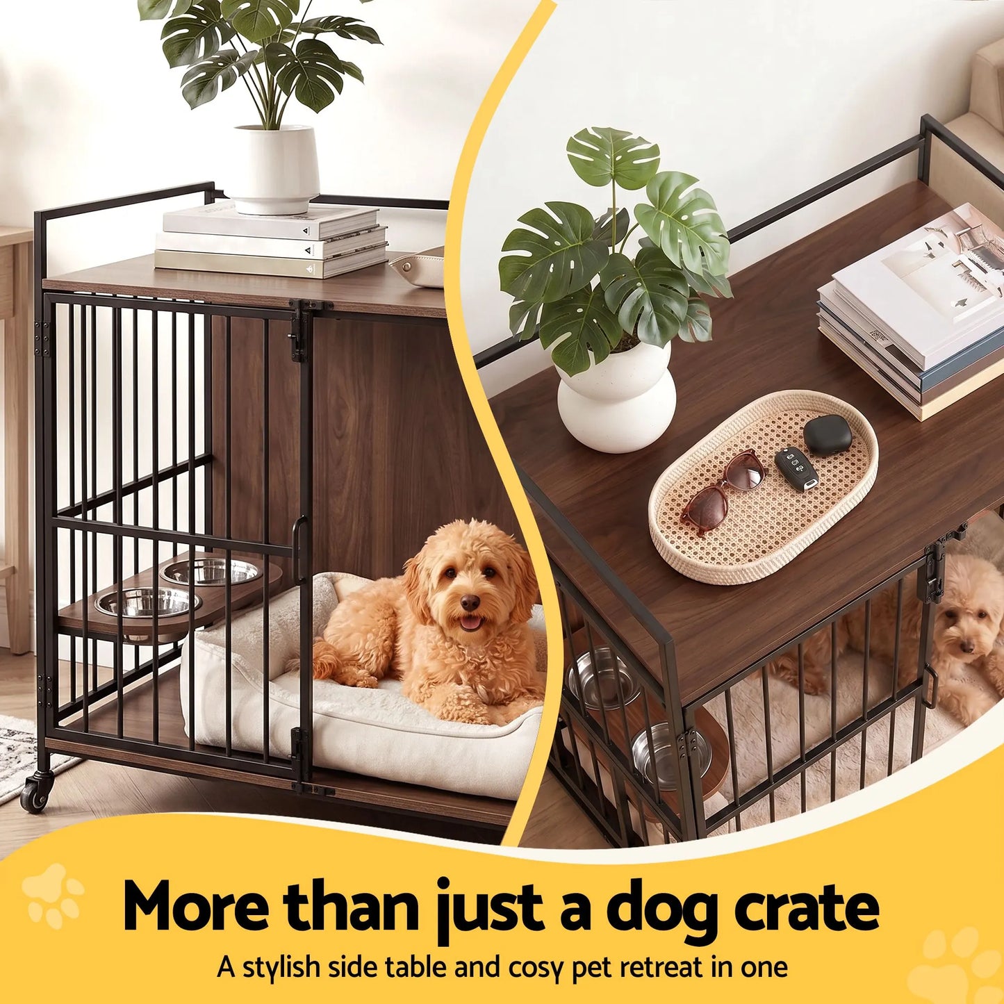 i.Pet 2-in-1 Wooden Dog Crate 99cm Pet Cage Furniture End Table Wheels Black - Image 4