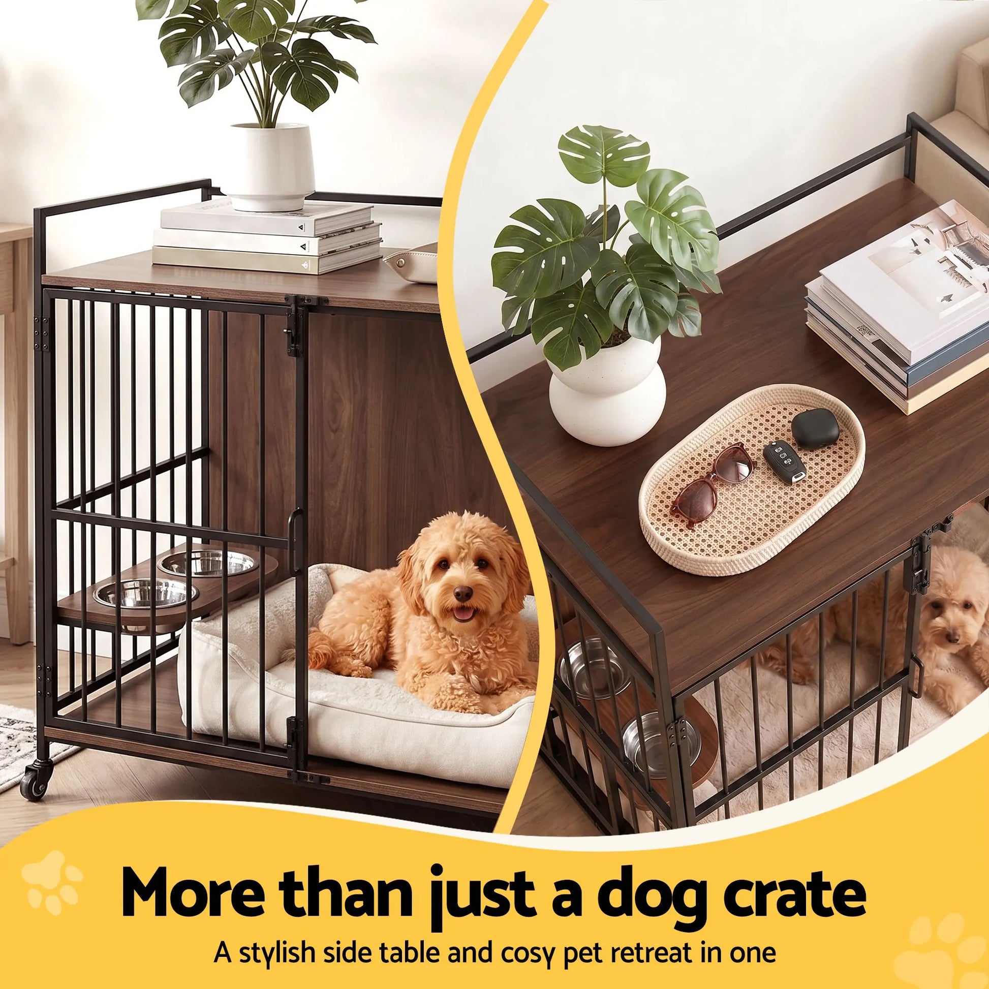i.Pet 2-in-1 Wooden Dog Crate 99cm Pet Cage Furniture End Table Wheels Black - Image 4