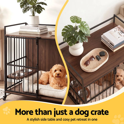 i.Pet 2-in-1 Wooden Dog Crate 99cm Pet Cage Furniture End Table Wheels Black - Image 4