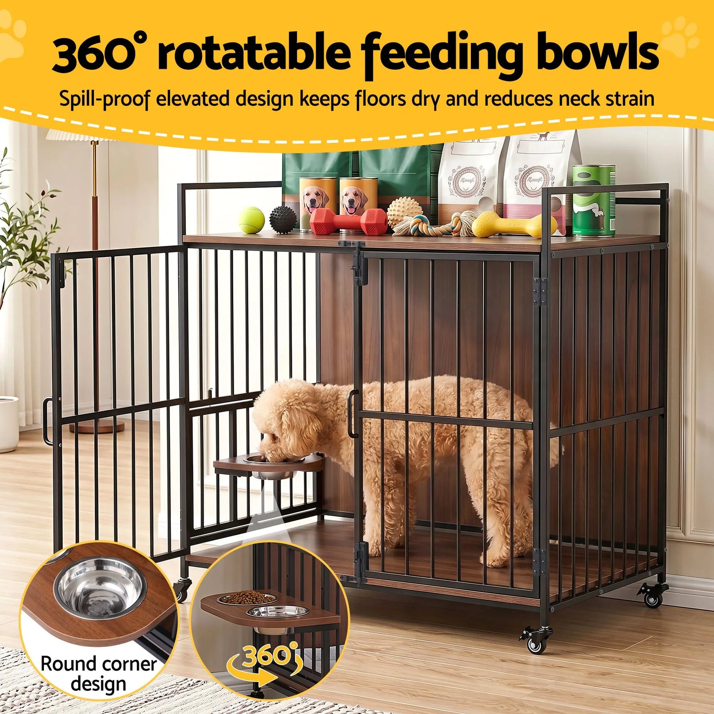 i.Pet 2-in-1 Wooden Dog Crate 99cm Pet Cage Furniture End Table Wheels Black - Image 5