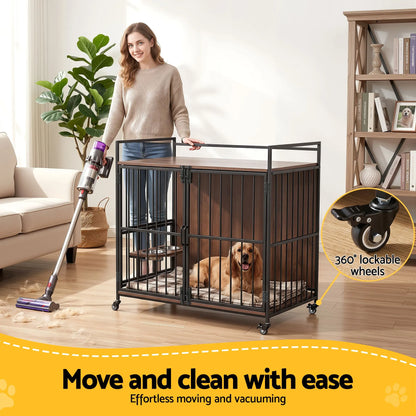 i.Pet 2-in-1 Wooden Dog Crate 99cm Pet Cage Furniture End Table Wheels Black - Image 6