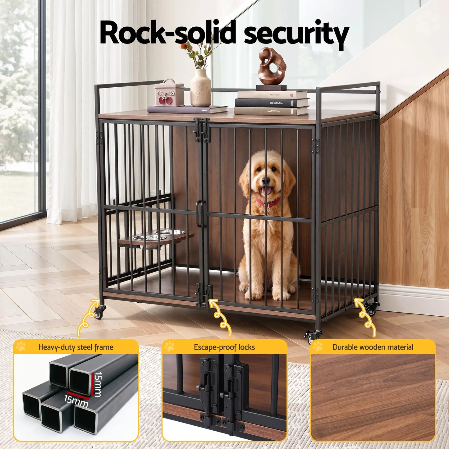 i.Pet 2-in-1 Wooden Dog Crate 99cm Pet Cage Furniture End Table Wheels Black - Image 7