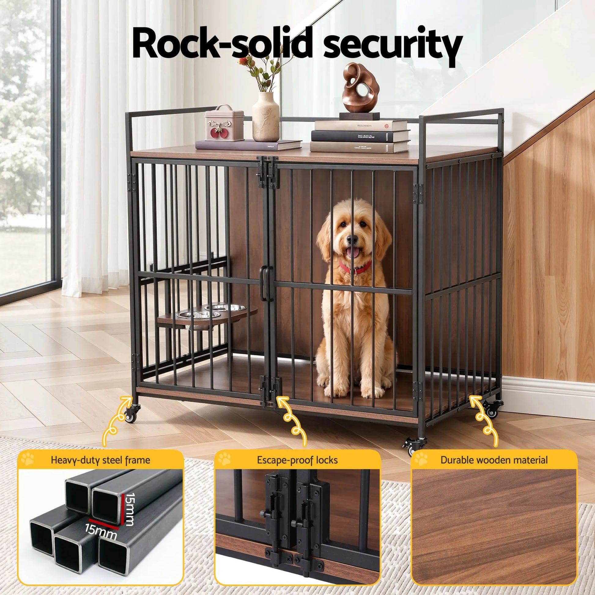 i.Pet 2-in-1 Wooden Dog Crate 99cm Pet Cage Furniture End Table Wheels Black - Image 7
