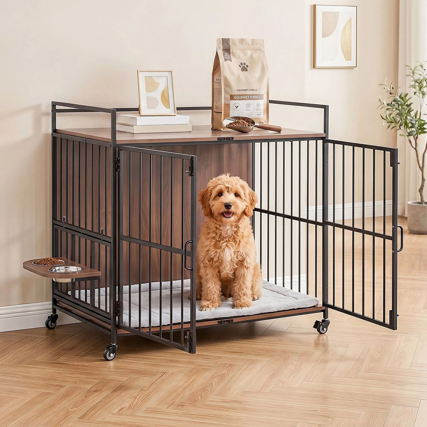 i.Pet 2-in-1 Wooden Dog Crate 99cm Pet Cage Furniture End Table Wheels Black - Image 8