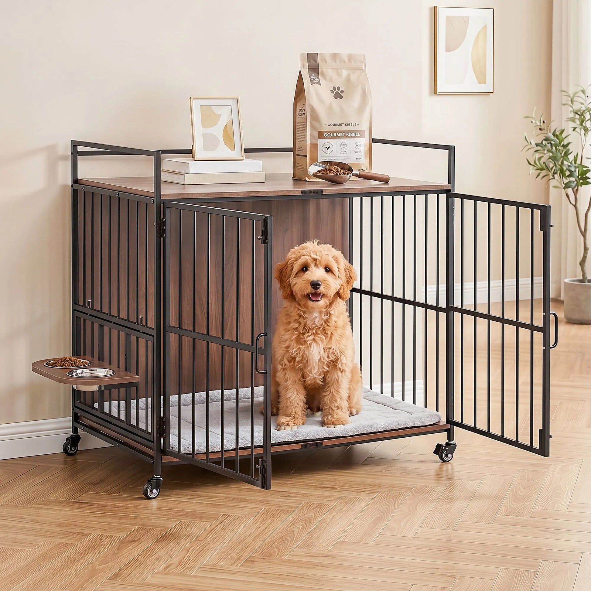 i.Pet 2-in-1 Wooden Dog Crate 99cm Pet Cage Furniture End Table Wheels Black - Image 8