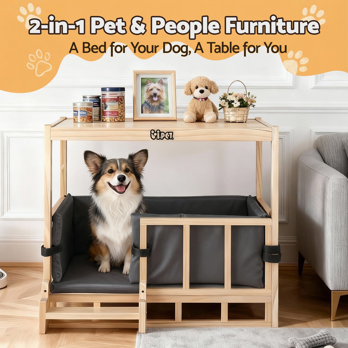 i.Pet 2in1 Dog Kennel Crate Furniture Grey Bedding Wooden House Indoor - Image 4