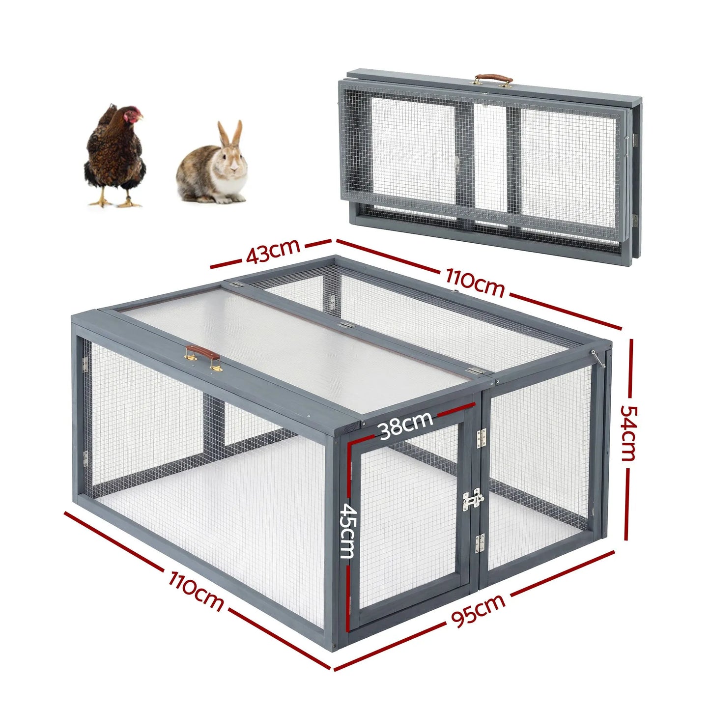 i.Pet Chicken Coop Large Portable Wooden Rabbit Run Cage Hutch Outdoor Folding Hen House 110cm - Image 2