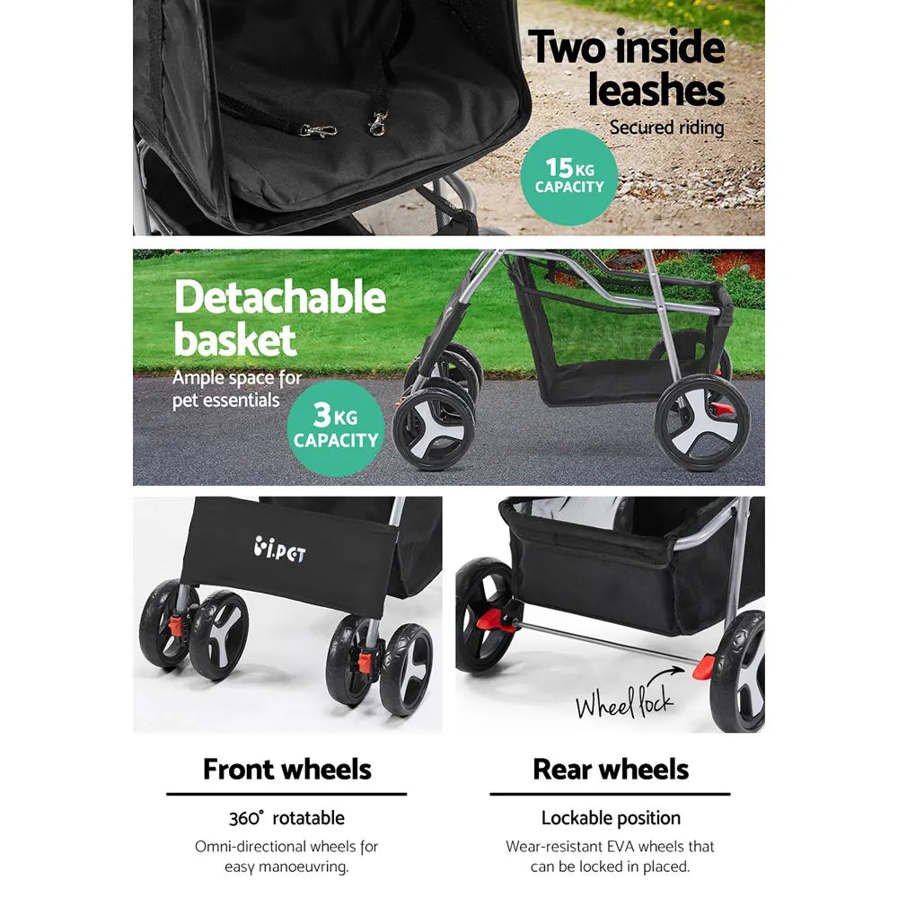 i.Pet 4 Wheel Pet Stroller - Black - Image 6