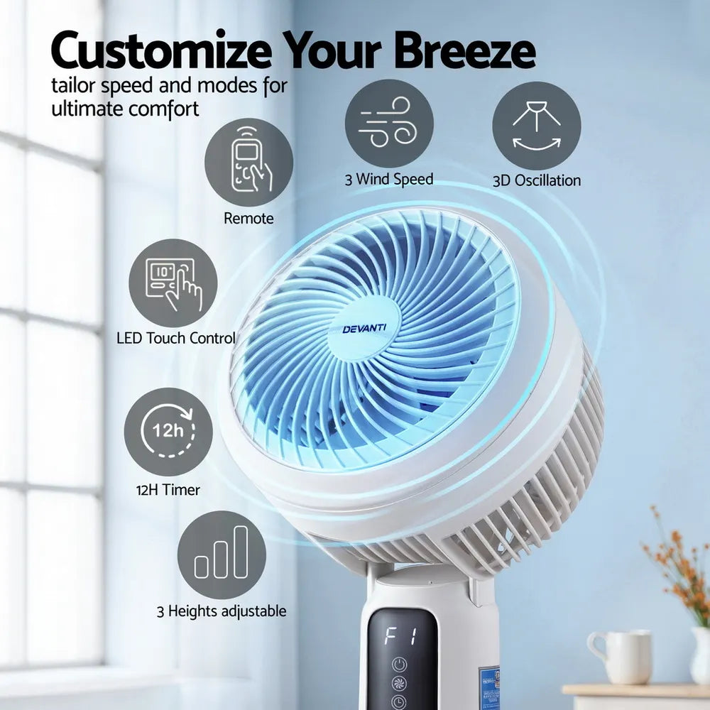 Devanti Pedestal Fan W/ Remote 3 Speed 12H Timer Height Adjustable Cooling Fan - Image 4