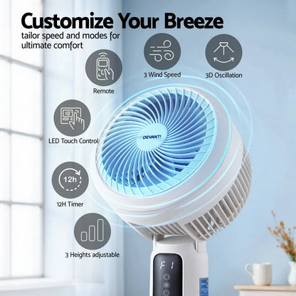 Devanti Pedestal Fan W/ Remote 3 Speed 12H Timer Height Adjustable Cooling Fan - Image 4