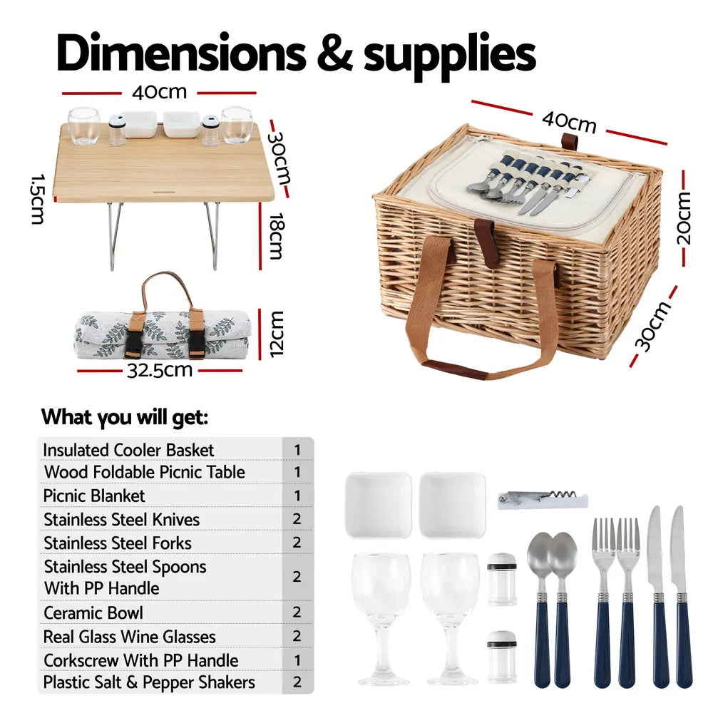 Alfresco 4 Person Picnic Basket Set with Table Blanket Cooler Wooden Insulated - Image 2