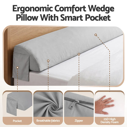 Giselle Double Bed Wedge Pillow For Headboard, Close Gap And Stop Pillows Sliding, Perfect For Dorm Or Tatami Reading, 25D Foam Mattress Gap Filler With 2 Side Pockets, Washable 110gsm Cover - Image 6