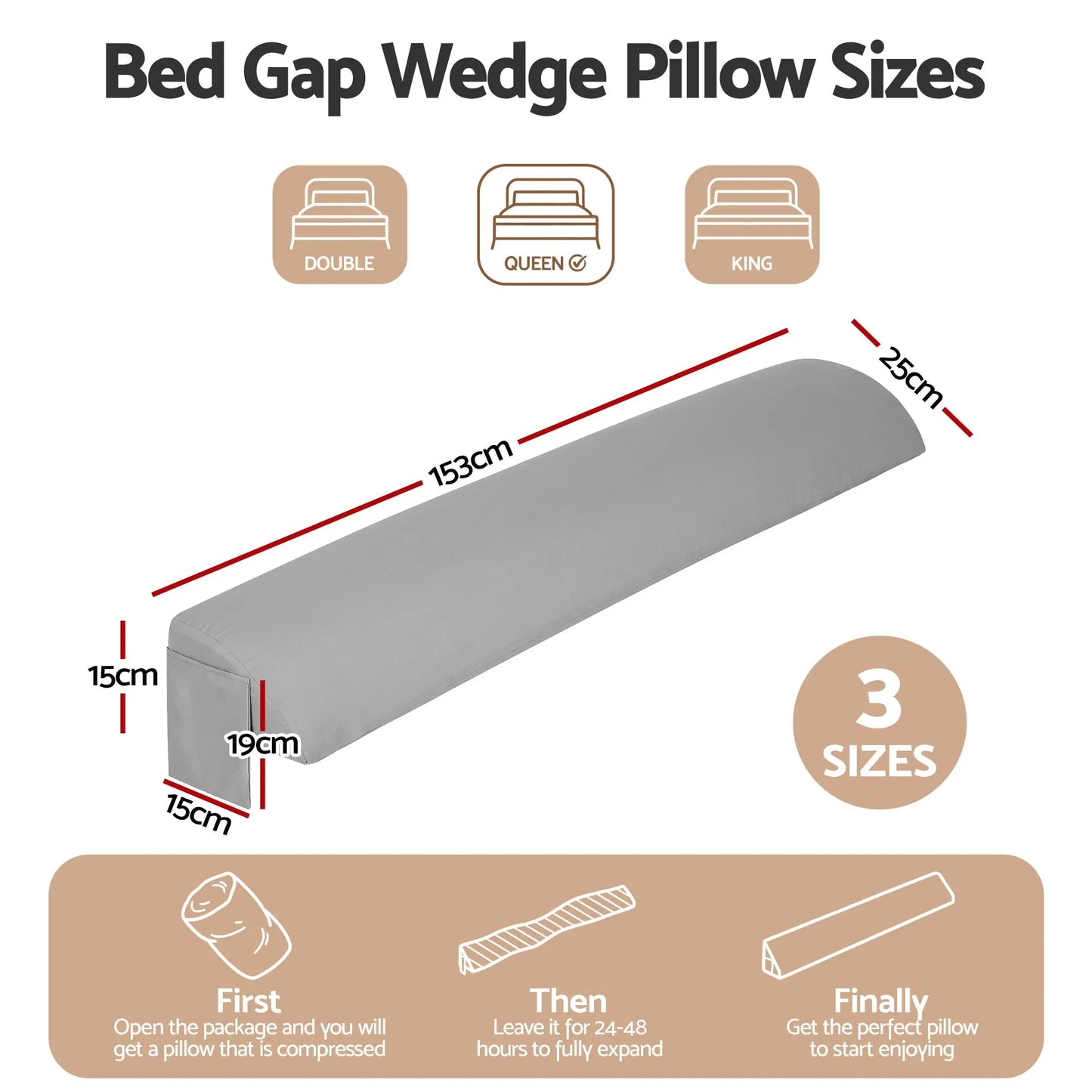 Giselle Queen Bed Wedge Pillow For Headboard, Close Gap And Stop Pillows Sliding, Perfect For Dorm Or Tatami Reading, 25D Foam Mattress Gap Filler With 2 Side Pockets, Washable 110gsm Cover - Image 2