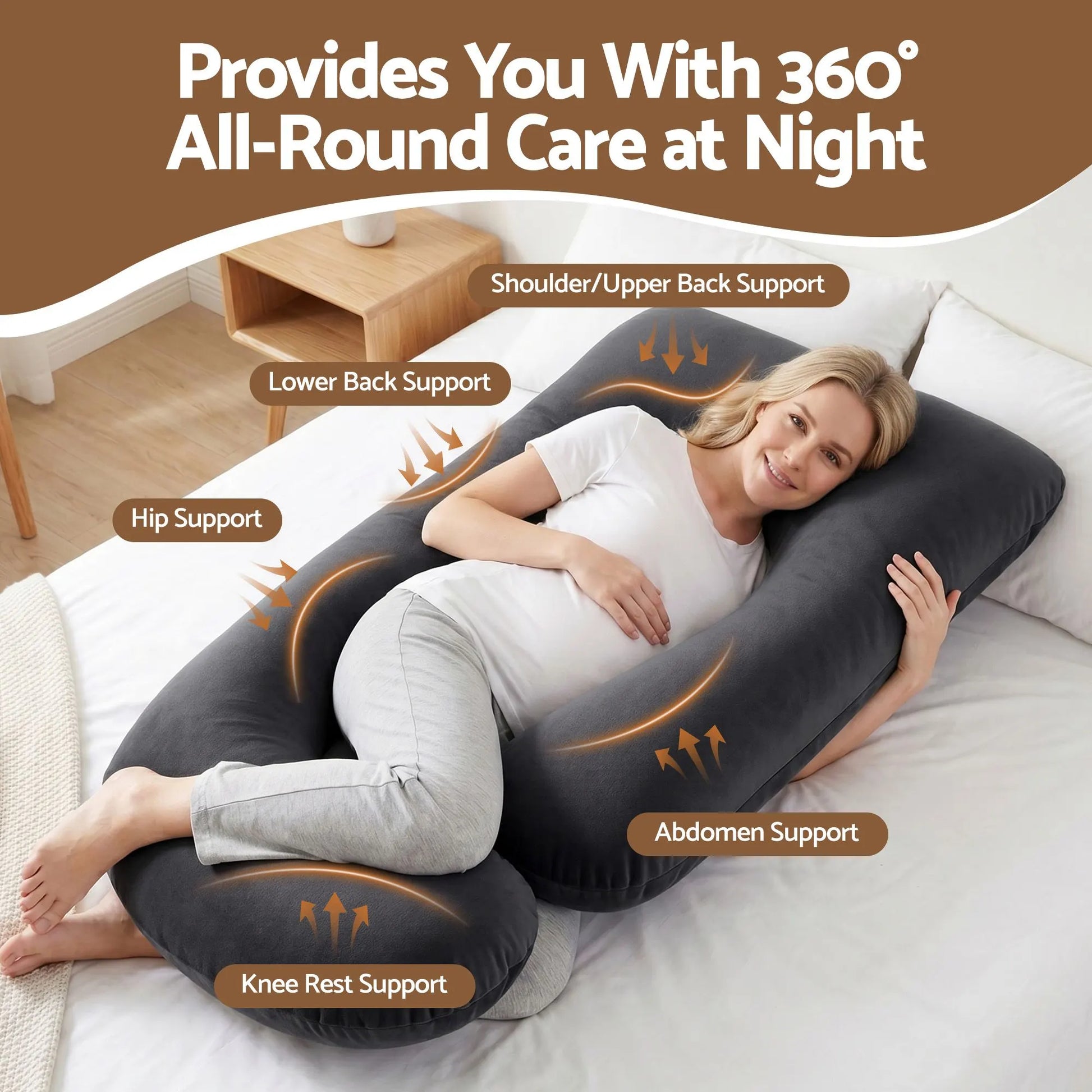 Giselle Bedding Pregnancy Pillow G-Shaped Full Body Pillow for Back and Belly Support Maternity Pillow with Removable Cover, Dark Grey 135x70 cm - Image 3