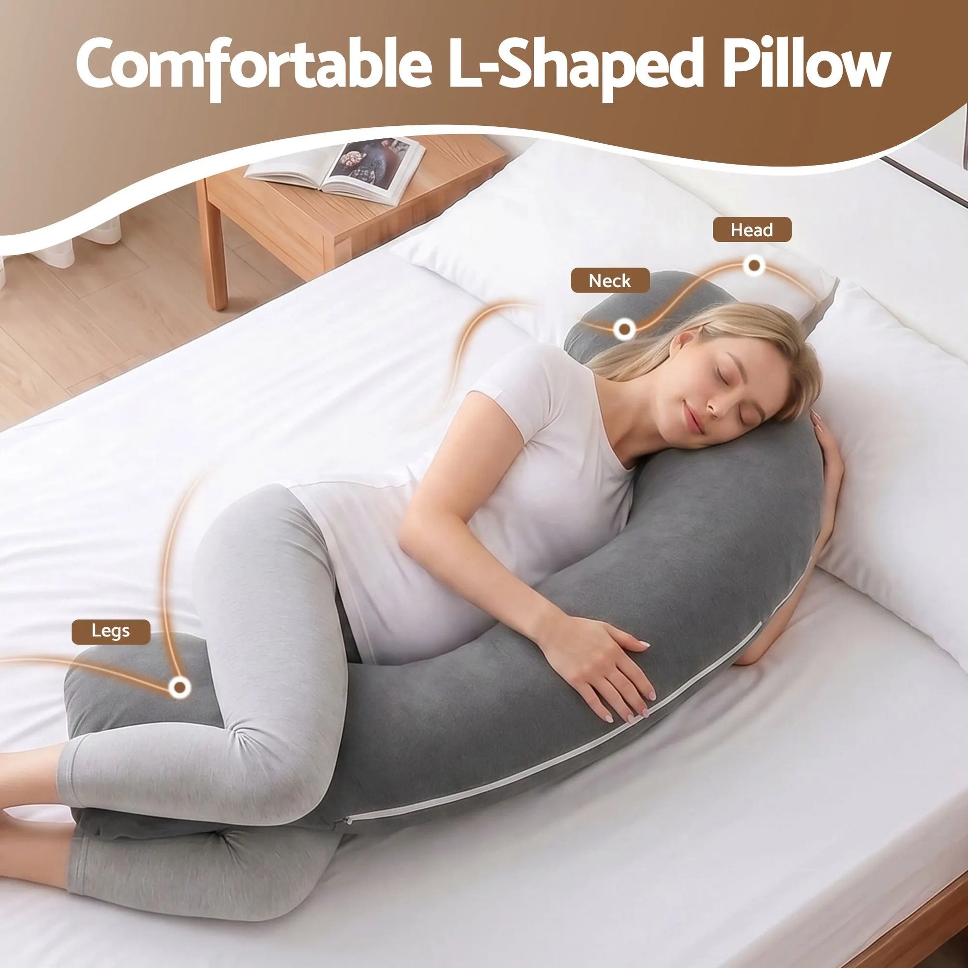 Giselle Bedding Pregnancy Pillow for Side Sleeping L-Shaped Maternity Body Pillow for Women 100% Cotton Jersey Cover for Head Neck Belly Support, 63x115 cm Grey