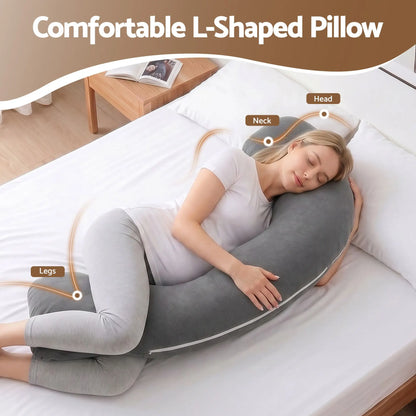 Giselle Bedding Pregnancy Pillow for Side Sleeping L-Shaped Maternity Body Pillow for Women 100% Cotton Jersey Cover for Head Neck Belly Support, 63x115 cm Grey