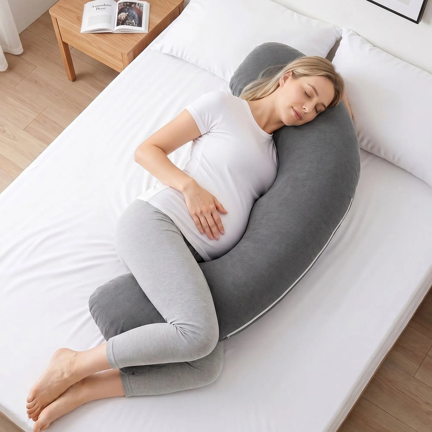 Giselle Bedding Pregnancy Pillow for Side Sleeping L-Shaped Maternity Body Pillow for Women 100% Cotton Jersey Cover for Head Neck Belly Support, 63x115 cm Grey - Image 2