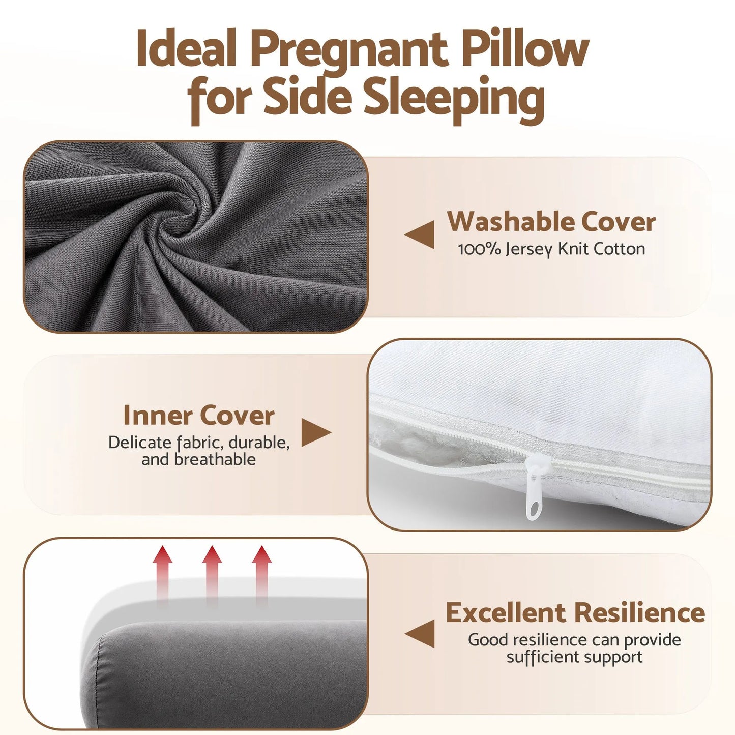 Giselle Bedding Pregnancy Pillow for Side Sleeping L-Shaped Maternity Body Pillow for Women 100% Cotton Jersey Cover for Head Neck Belly Support, 63x115 cm Grey - Image 4