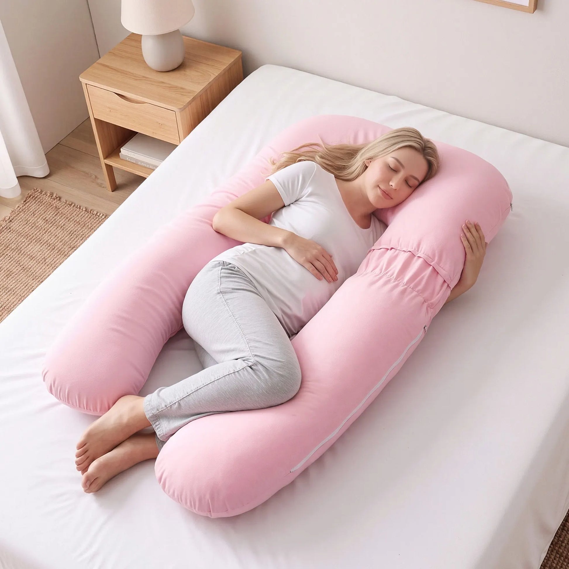 Giselle Bedding Pregnancy Pillow U Shaped Full Body Pillow with 100% Cotton Jersey Cover Maternity Pillow for Sleeping Reading, Pink, 73x133cm - Image 2