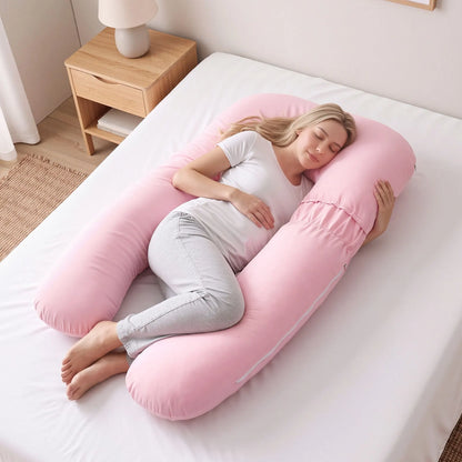 Giselle Bedding Pregnancy Pillow U Shaped Full Body Pillow with 100% Cotton Jersey Cover Maternity Pillow for Sleeping Reading, Pink, 73x133cm - Image 2