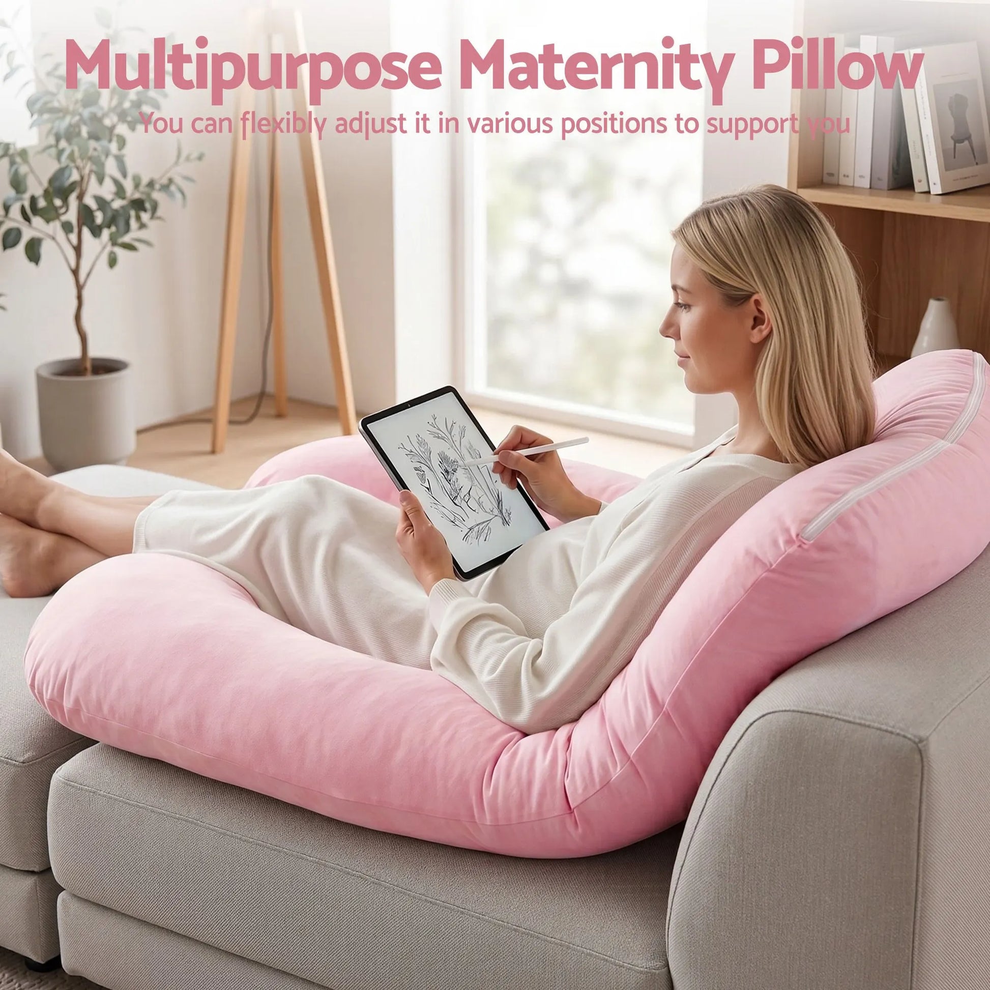Giselle Bedding Pregnancy Pillow U Shaped Full Body Pillow with 100% Cotton Jersey Cover Maternity Pillow for Sleeping Reading, Pink, 73x133cm - Image 6