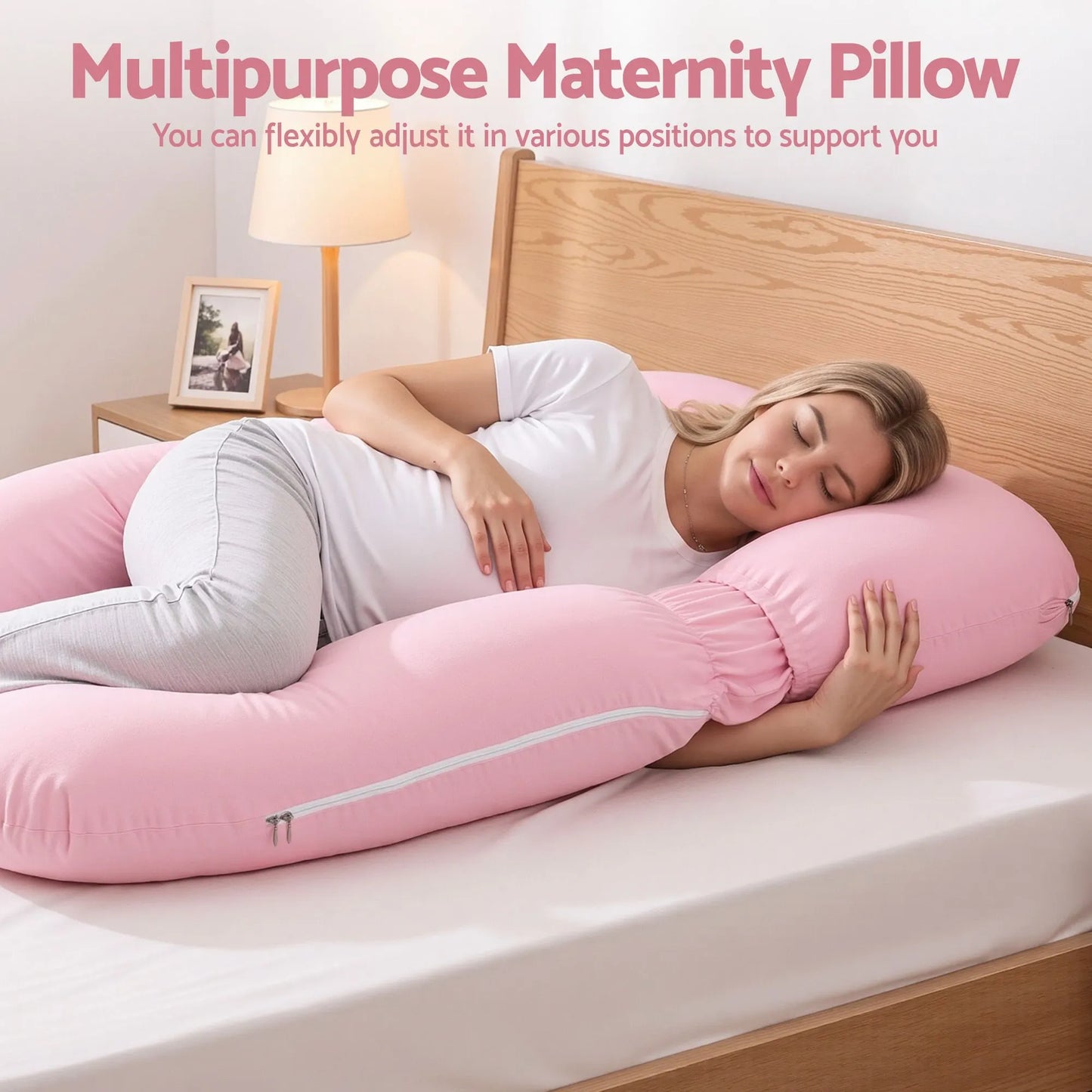 Giselle Bedding Pregnancy Pillow U Shaped Full Body Pillow with 100% Cotton Jersey Cover Maternity Pillow for Sleeping Reading, Pink, 73x133cm - Image 7