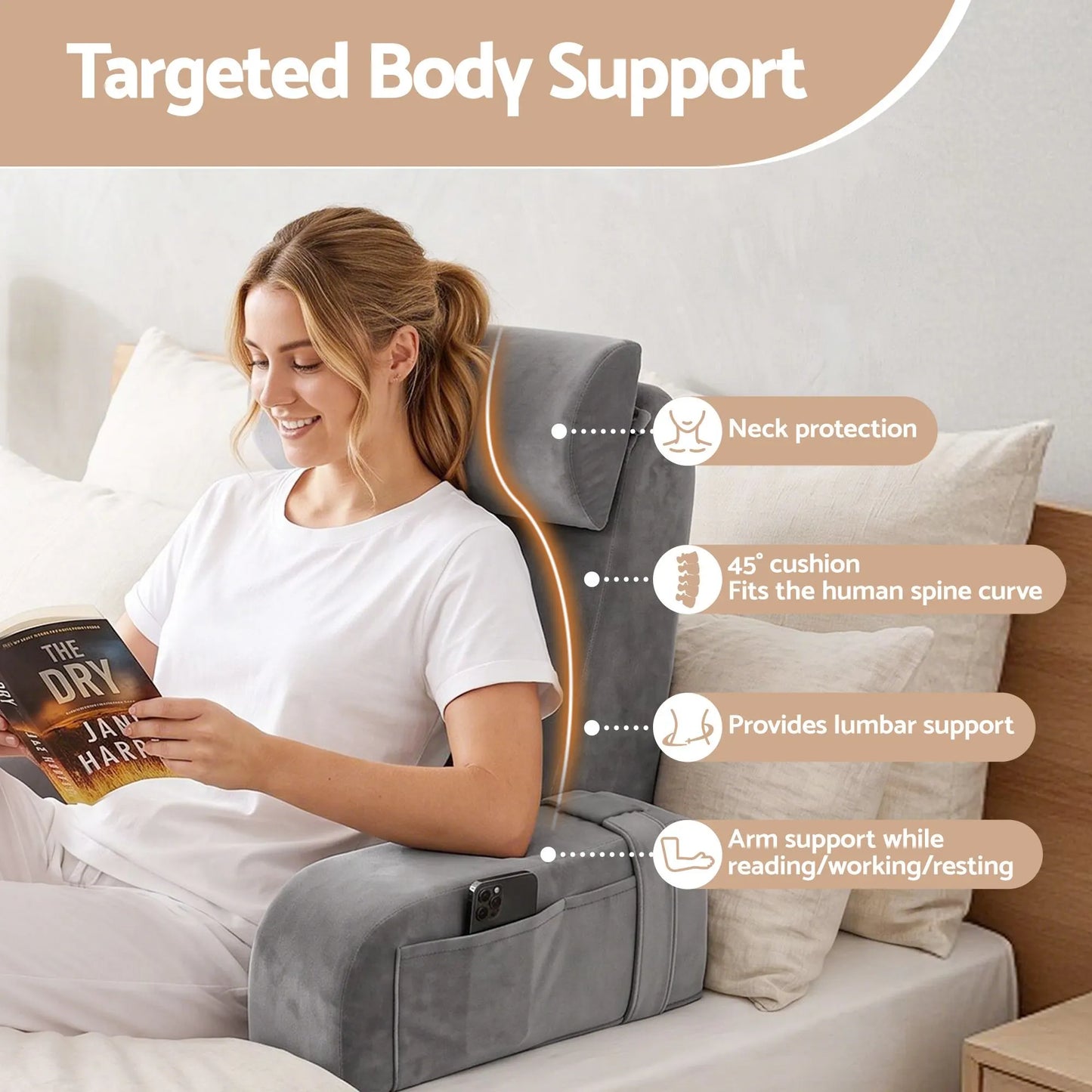 Giselle Reading Pillow For Bed With Non-Sag Solid Memory Foam, Back Pillow For Bed Sitting Up Gaming, Adjustable Neck Roll Detachable Arms And 210gsm Velvet Washable Cover - Image 3
