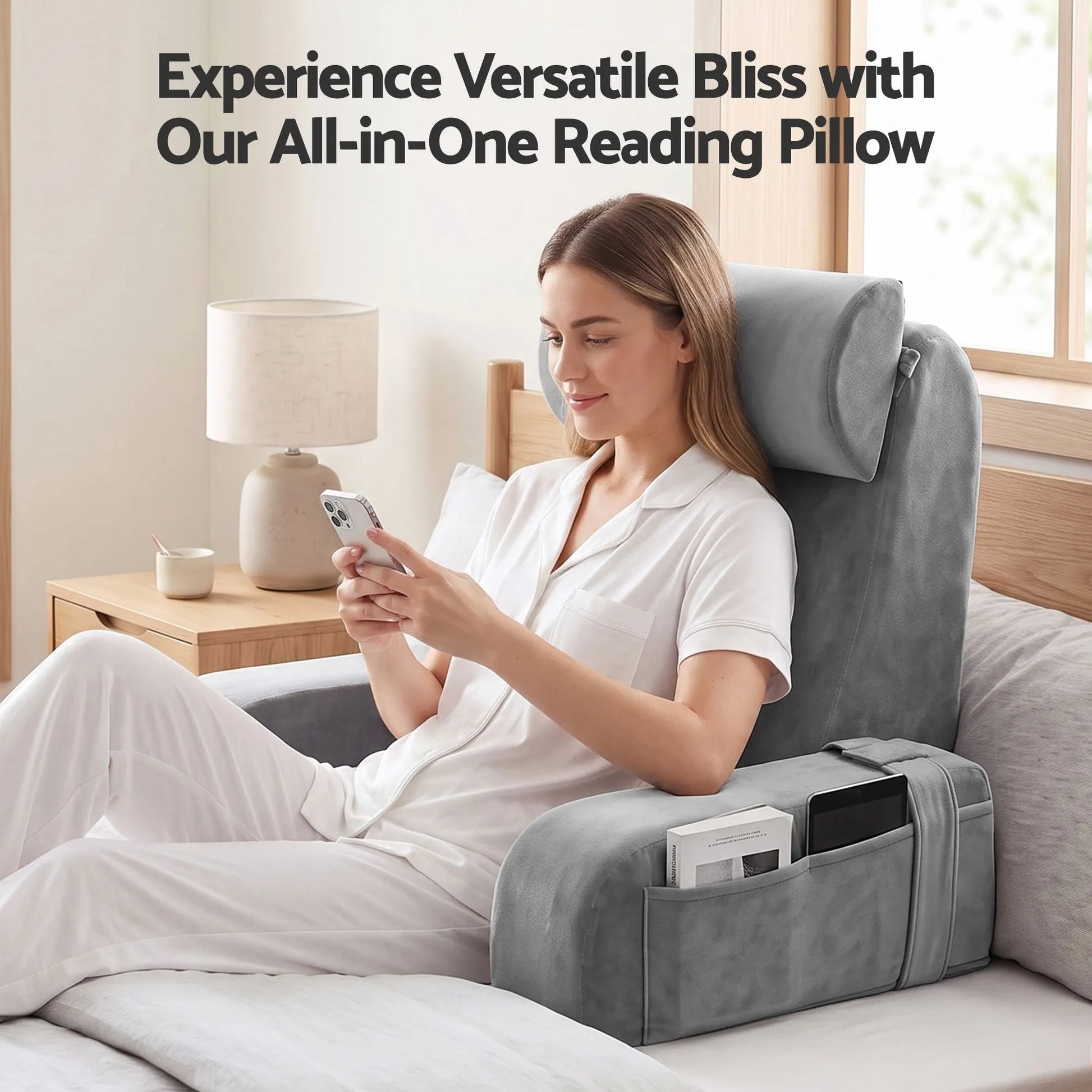 Giselle Reading Pillow For Bed With Non-Sag Solid Memory Foam, Back Pillow For Bed Sitting Up Gaming, Adjustable Neck Roll Detachable Arms And 210gsm Velvet Washable Cover - Image 9