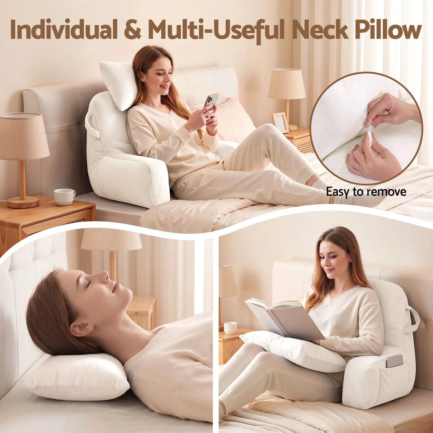 Giselle Bedding Reading Pillow with Detachable Neck Roll & Armrests Sit Up Pillow for Bed Back Support Pillow for Watching TV & Gaming Beige - Image 3