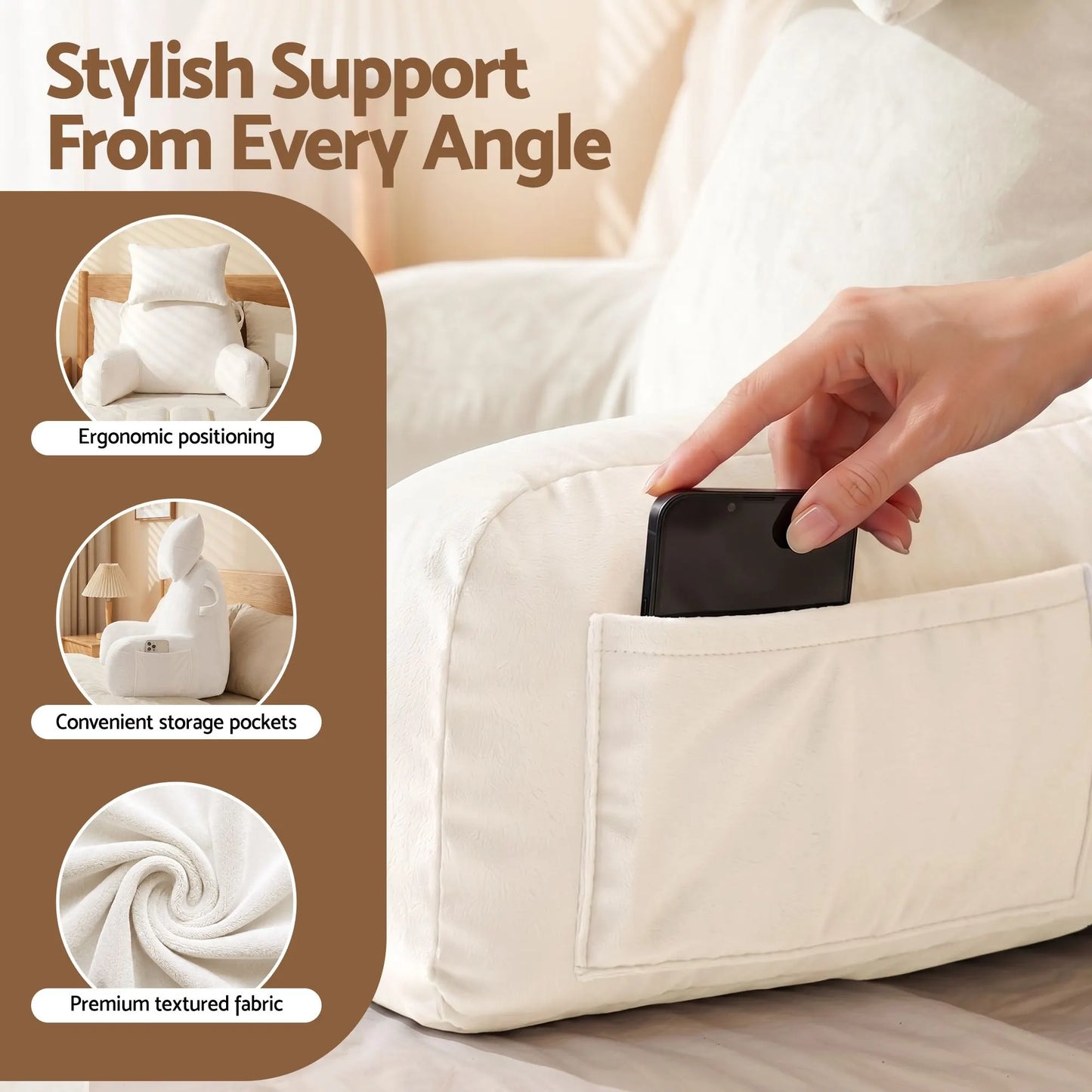 Giselle Bedding Reading Pillow with Detachable Neck Roll & Armrests Sit Up Pillow for Bed Back Support Pillow for Watching TV & Gaming Beige - Image 5