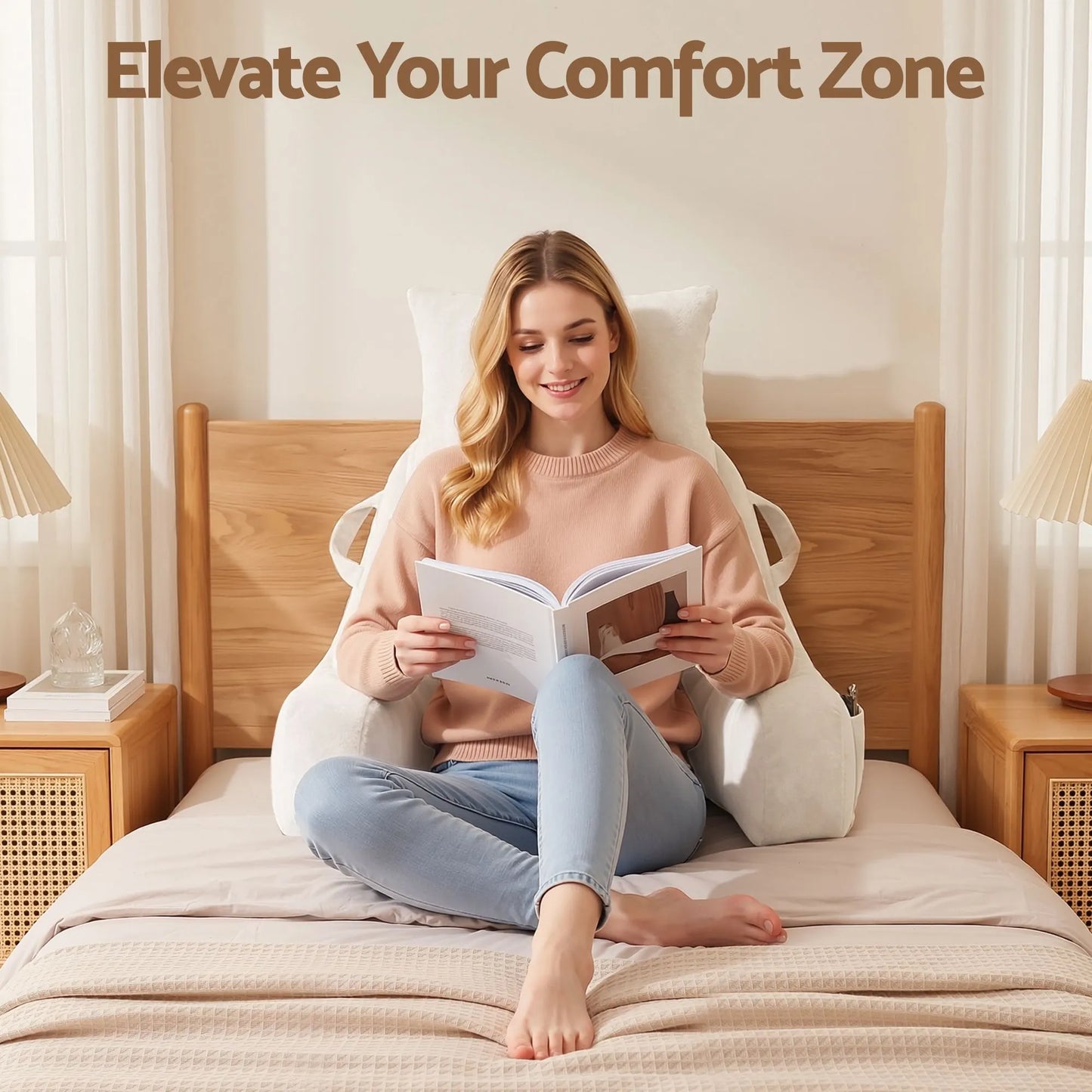 Giselle Bedding Reading Pillow with Detachable Neck Roll & Armrests Sit Up Pillow for Bed Back Support Pillow for Watching TV & Gaming Beige - Image 6