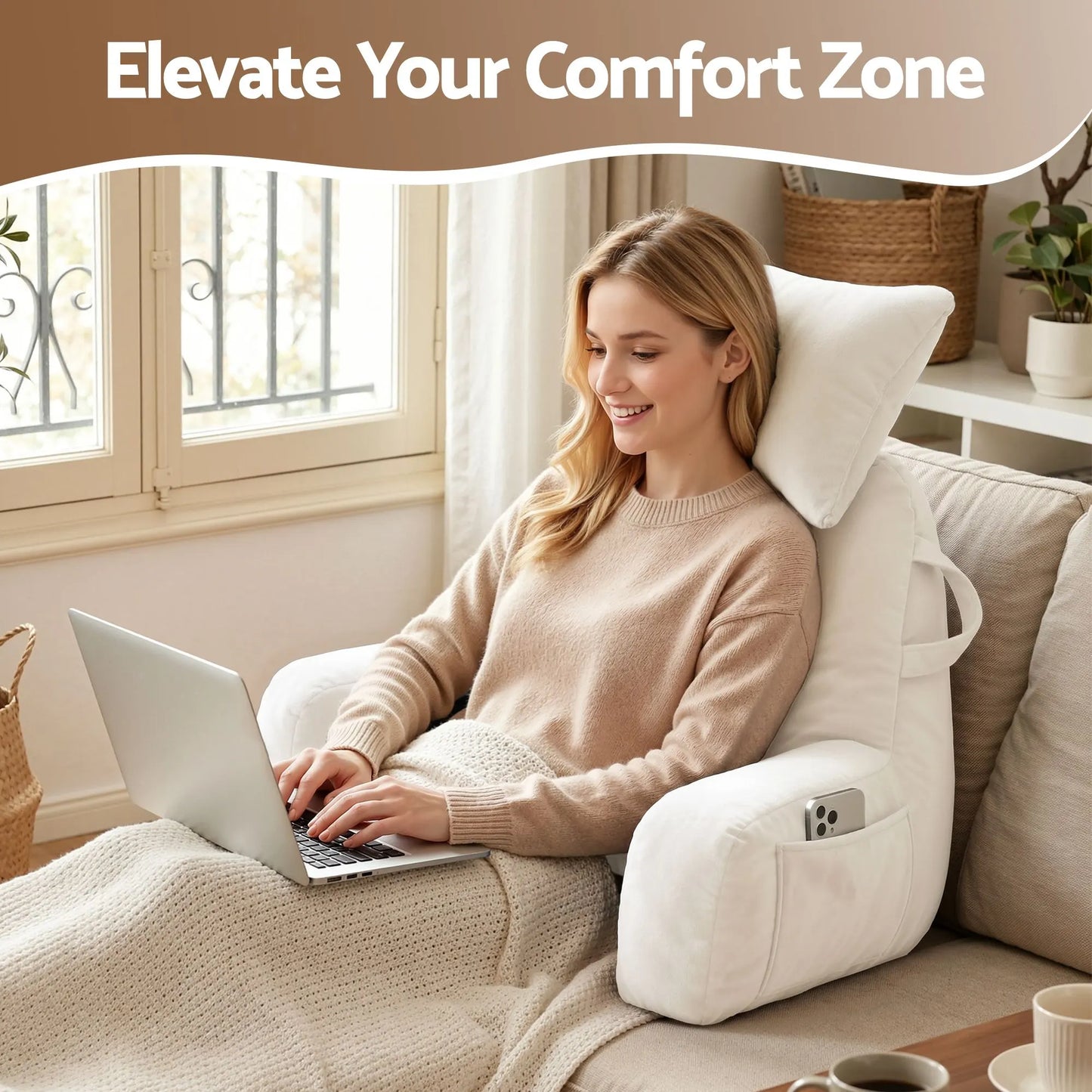 Giselle Bedding Reading Pillow with Detachable Neck Roll & Armrests Sit Up Pillow for Bed Back Support Pillow for Watching TV & Gaming Beige - Image 7