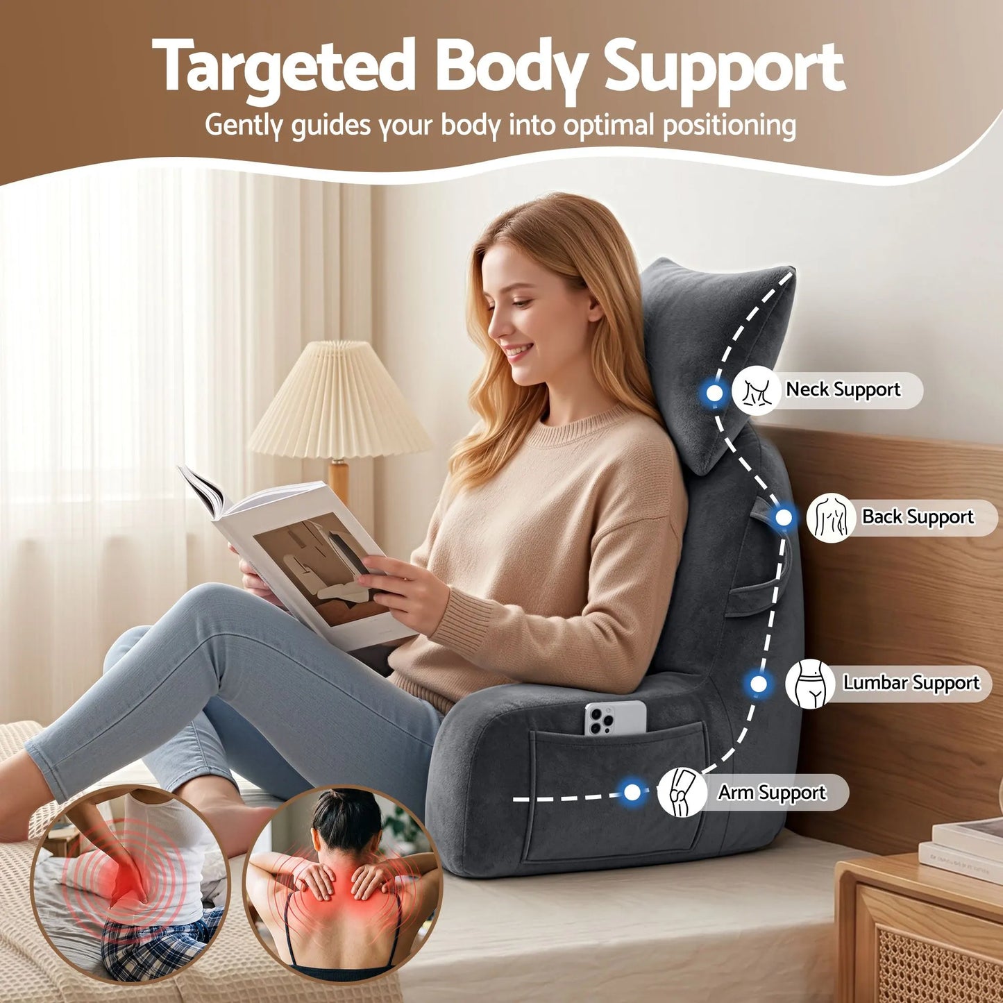 Giselle Bedding Reading Pillow with Detachable Neck Roll & Armrests Sit Up Pillow for Bed Back Support Pillow for Watching TV & Gaming Gray - Image 2