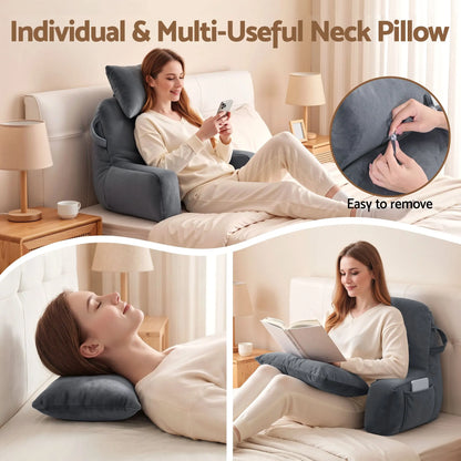Giselle Bedding Reading Pillow with Detachable Neck Roll & Armrests Sit Up Pillow for Bed Back Support Pillow for Watching TV & Gaming Gray - Image 3