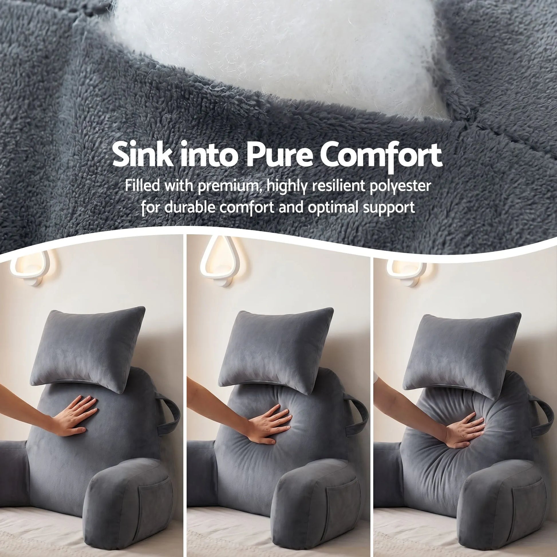 Giselle Bedding Reading Pillow with Detachable Neck Roll & Armrests Sit Up Pillow for Bed Back Support Pillow for Watching TV & Gaming Gray - Image 4