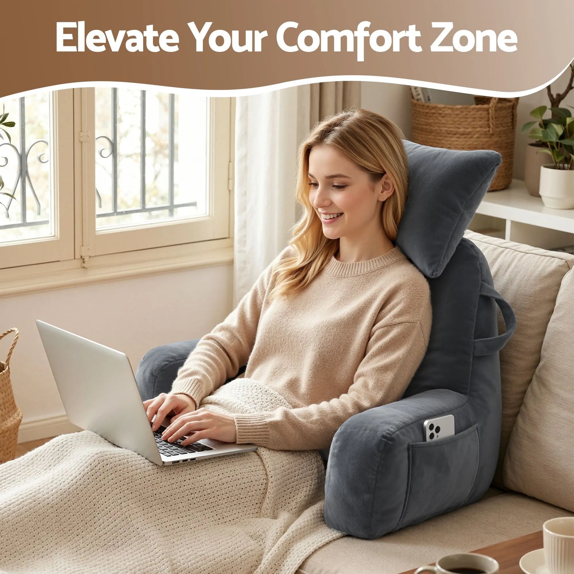 Giselle Bedding Reading Pillow with Detachable Neck Roll & Armrests Sit Up Pillow for Bed Back Support Pillow for Watching TV & Gaming Gray - Image 7