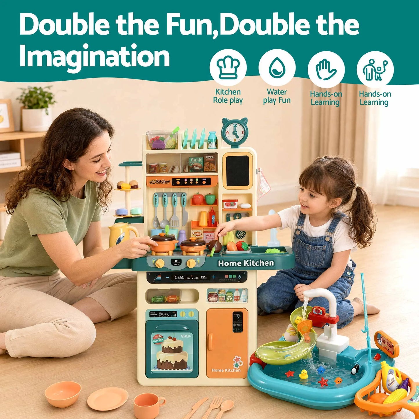 Keezi 2 Piece Kids Pretend Kitchen Playset Water Toys Fishing Game Food Play - Image 4