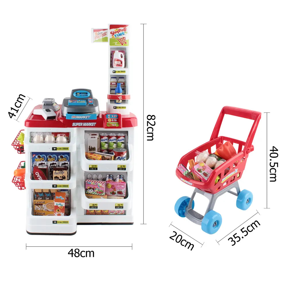Keezi Kids Pretend Role Play Supermarket 24 Piece Playset Cash Register Trolley - Image 2