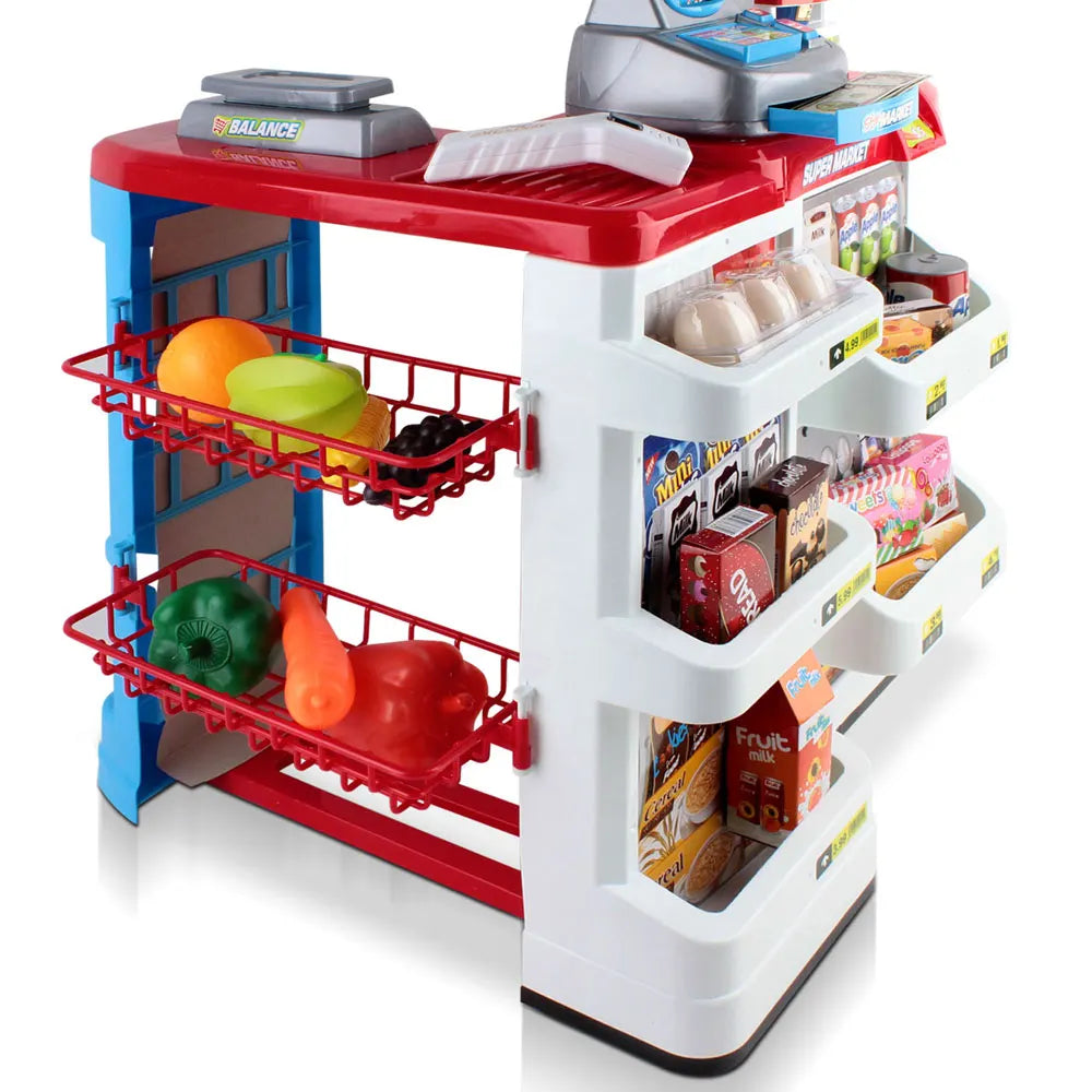 Keezi Kids Pretend Role Play Supermarket 24 Piece Playset Cash Register Trolley - Image 4