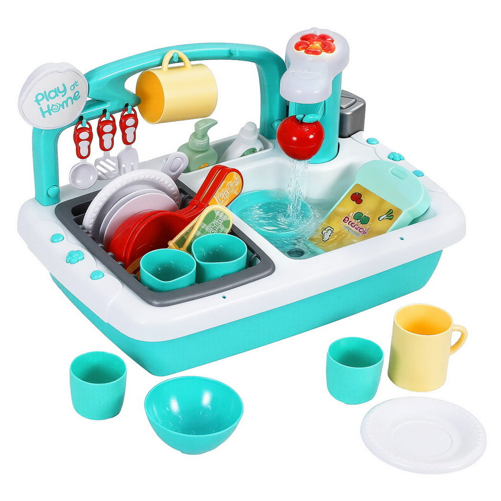 Keezi Kids Kitchen Play Set Play Pretend Sink Dishwasher Toys Green - Image 2