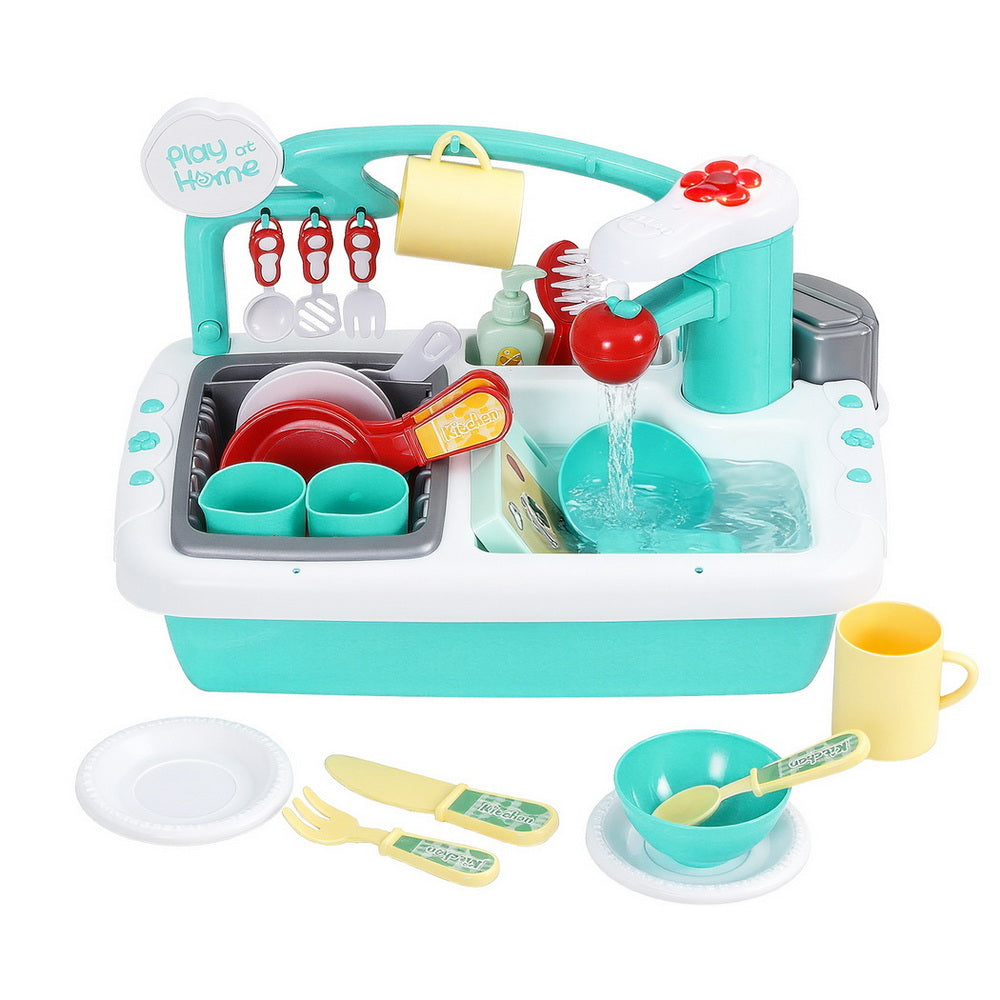 Keezi Kids Kitchen Play Set Play Pretend Sink Dishwasher Toys Green - Image 4