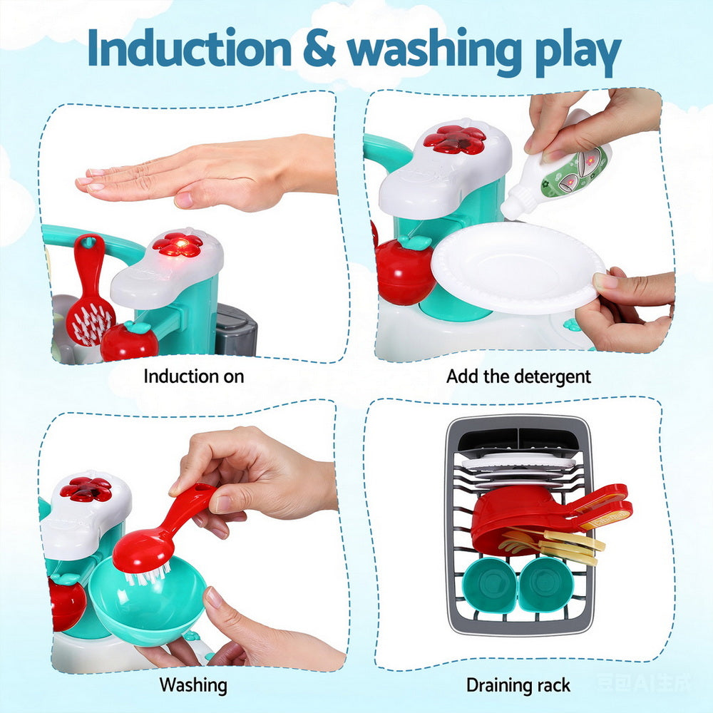 Keezi Kids Kitchen Play Set Play Pretend Sink Dishwasher Toys Green - Image 6