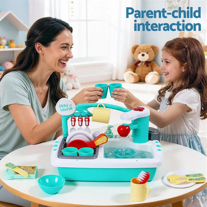 Keezi Kids Kitchen Play Set Play Pretend Sink Dishwasher Toys Green - Image 7